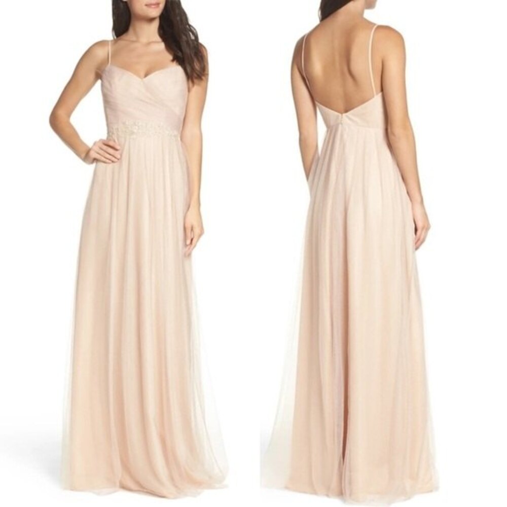 Monique Lhuillier Bridesmaids Brooks Tulle Lace Applieque Gown in Sand NWOT 6